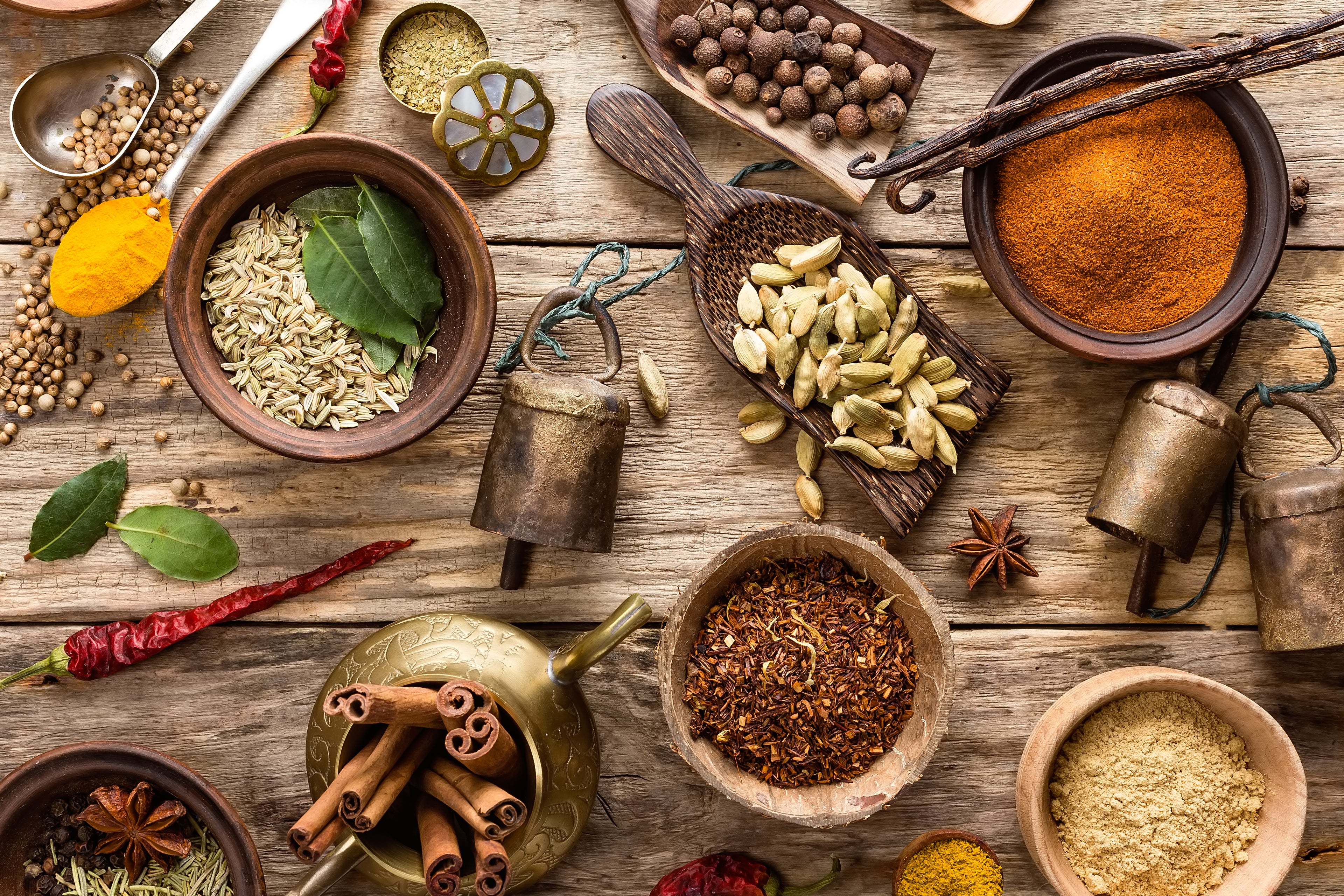 Spices, cinnamon, cloves, cardamom, nut meg, black pepper, chilli 